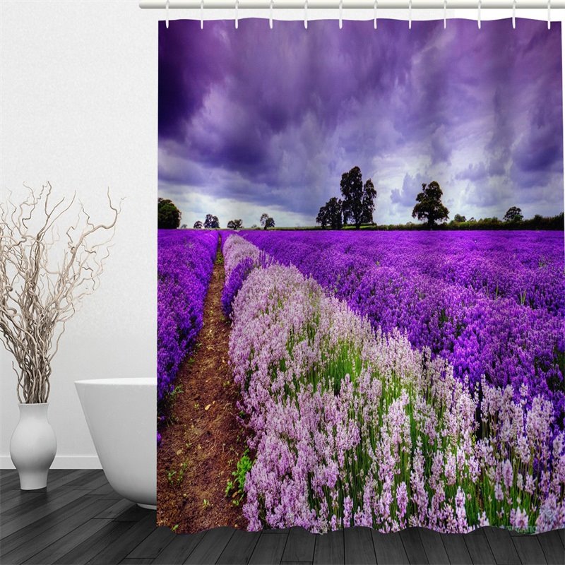 3D Purple Lavender Field Polyester Waterproof Antibacterial and Eco-friendly Shower Curtain
