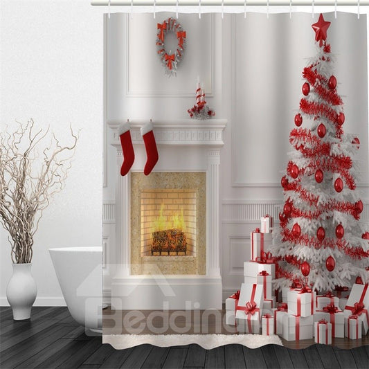 Los calcetines rojos del árbol de navidad 3D imprimieron la cortina de ducha respetuosa del medio ambiente antibacteriana impermeable del poliéster