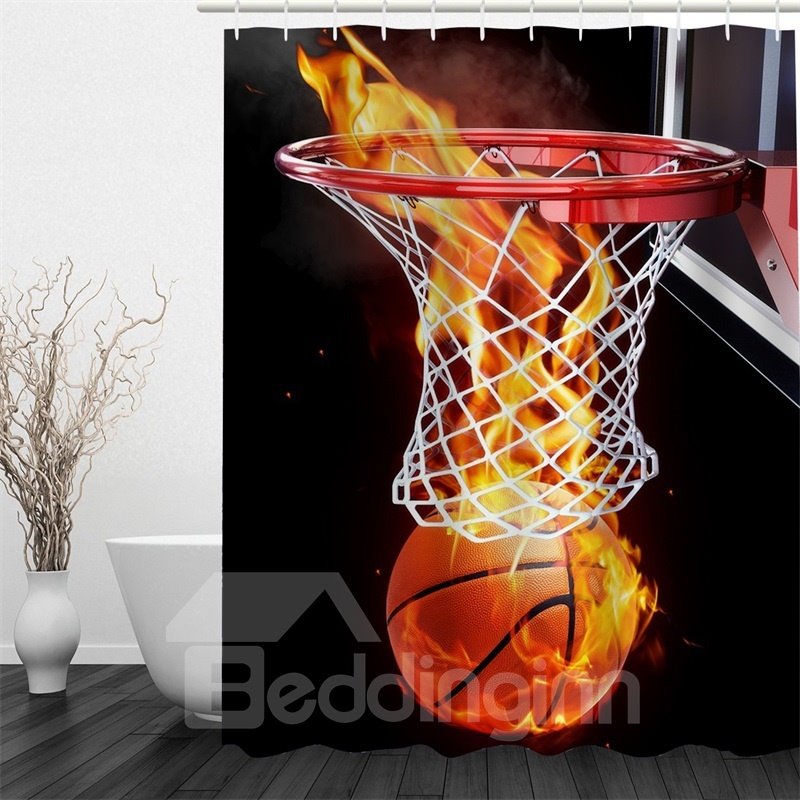 3D Fire Basketball through Basket Polyester Waterproof Antibacterial and Eco-friendly Shower Curtain