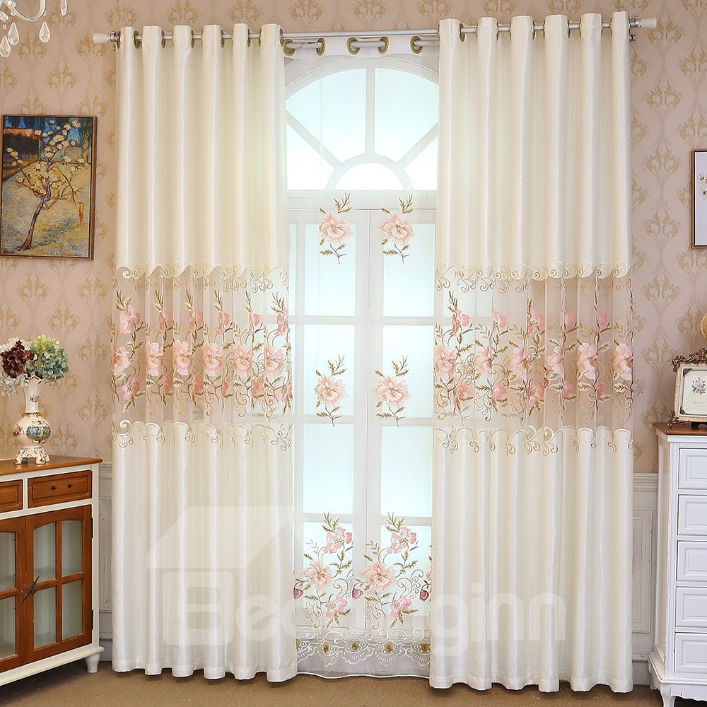 Beige Chenille with Embroidered Pink Peach Flowers Romantic and Elegant Living Window Drapes