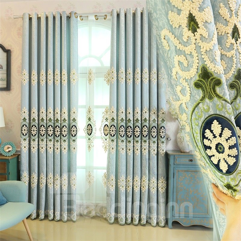 Hellblaue, hochwertige Chenille-Vorhänge, 2 Stück, dekorative und atmungsaktive Wohnzimmervorhänge