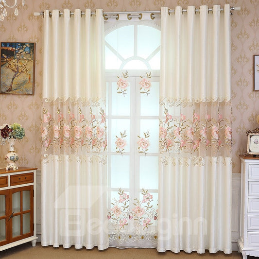 Beige Organza with Embroidered Pink Peach Flowers Romantic and Elegant Window Sheer Drapes
