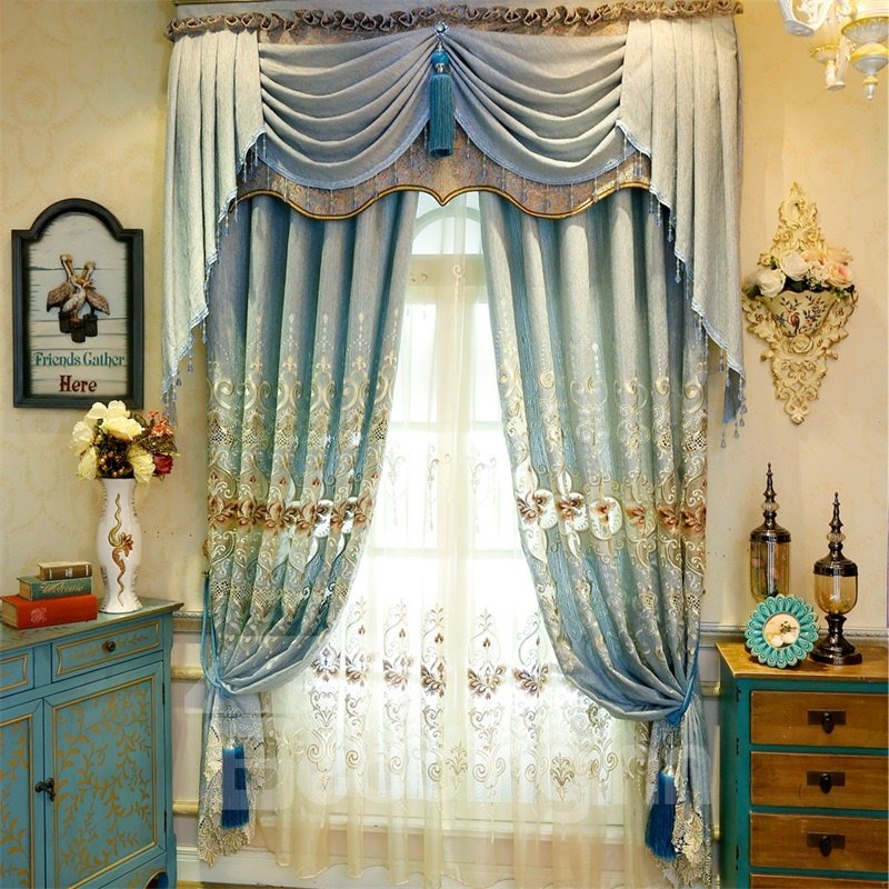 Modern and Pastoral Light Blue with Beautiful Flowers Breathable and Decorative Organza Sheer Curtain