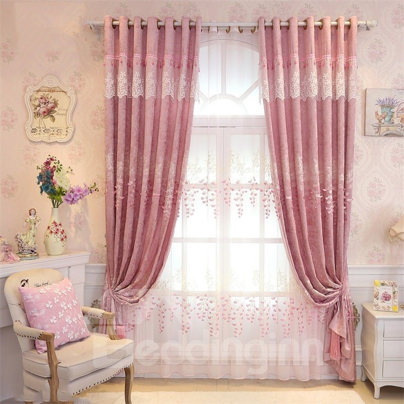 Romantic Pink Color Pastoral Style Embroidered Living Room Finished Product Sheer