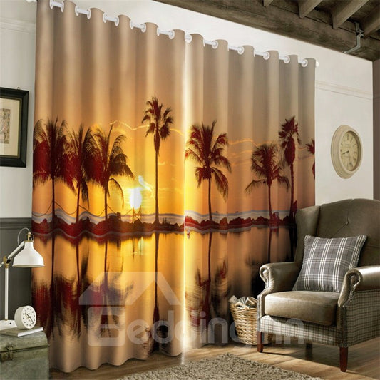 Golden Sunset Scenery with Palm Trees Printing 2 Panels Custom Living Room 3D Curtain