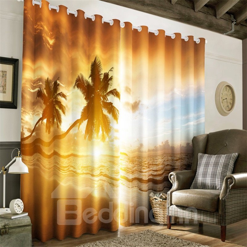 3D-Palmen und Wellen bedruckter 2-teiliger dekorativer und atmungsaktiver Fenstervorhang