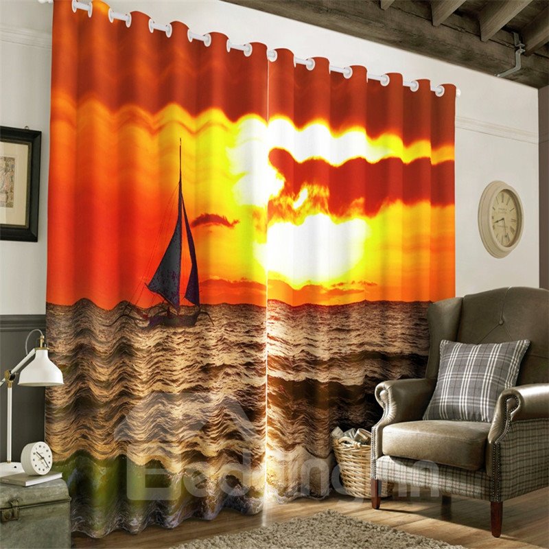 3D Red and Golden Sunrise and Sailboat on the Sea Printed Window Drapes