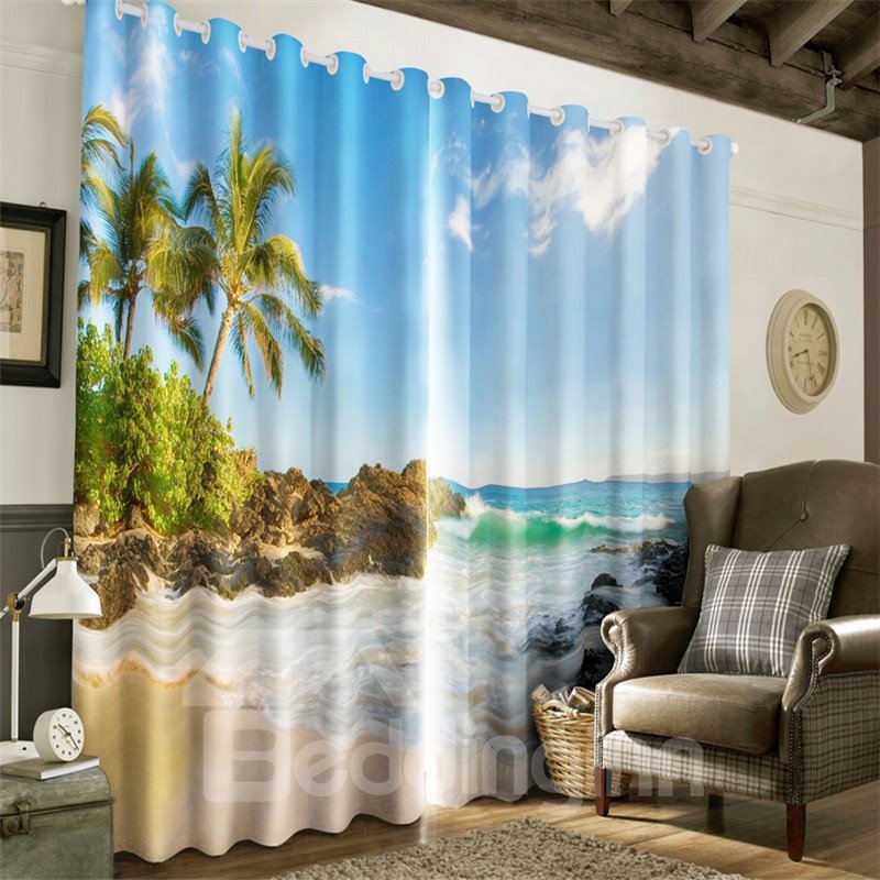 3D Surging Waves and Cool Beach Printed Natural Scene 2 Pieces Blackout Curtain