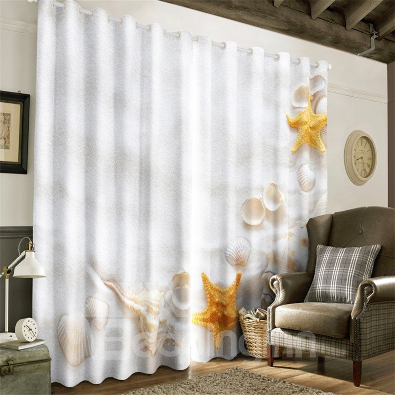 3D White Beach and Beautiful Starfishes with Shells Printed 2 Panels Blackout Curtain