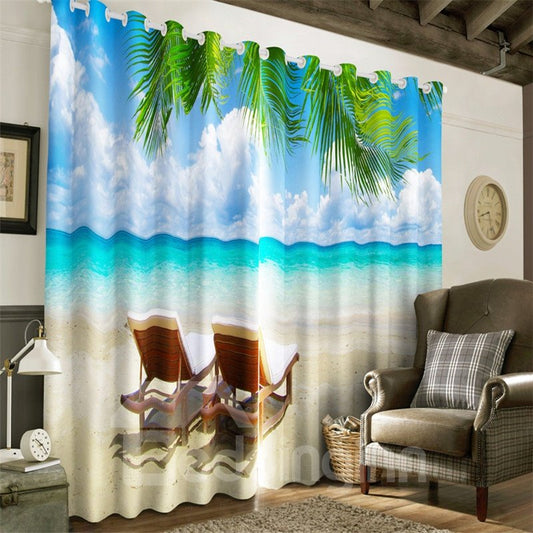 3D Blue Sea and Clean Sky with Leisure chairs Printed 2 Panels Living Room Window Curtain