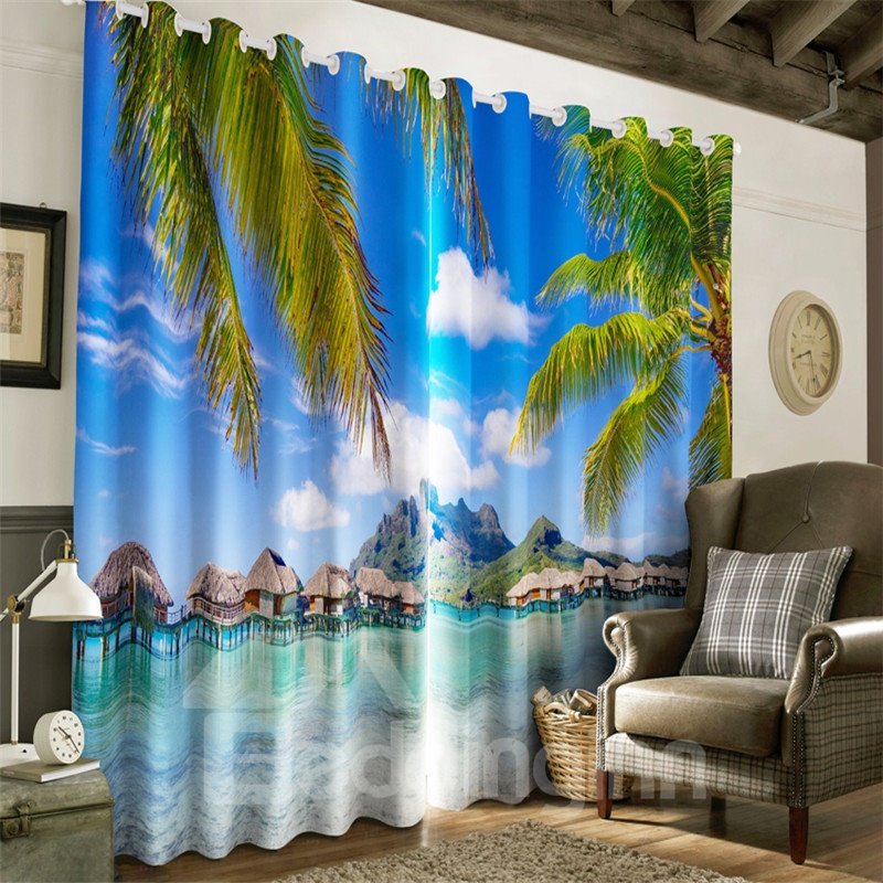 3D Blue Sky with White Clouds and Green Palm Trees Printed 2 Pieces Heat Insulation Drapes