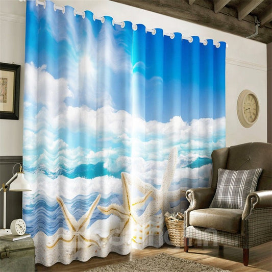 3D Beautiful Starfishes and Blue Sea and Clean Sky Printed Decorative and Blackout Drapes