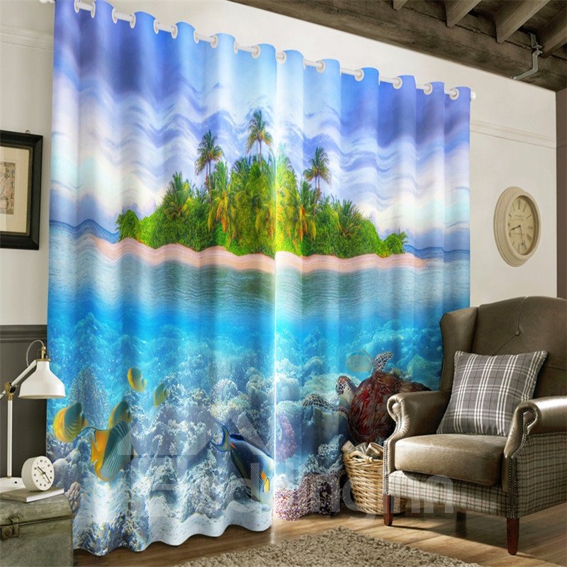 3D Green Island and Limpid Seawater with Turtle and Golden Fishes Printed Grommet Top Curtain
