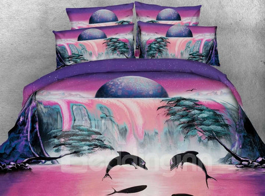 Juego de cama/fundas nórdicas de 4 piezas con estampado de paisaje de delfines y cascadas en 3D