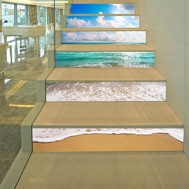 3D Beach 6-Piece PVC Waterproof Eco-friendly Self-Adhesive Stair Mural