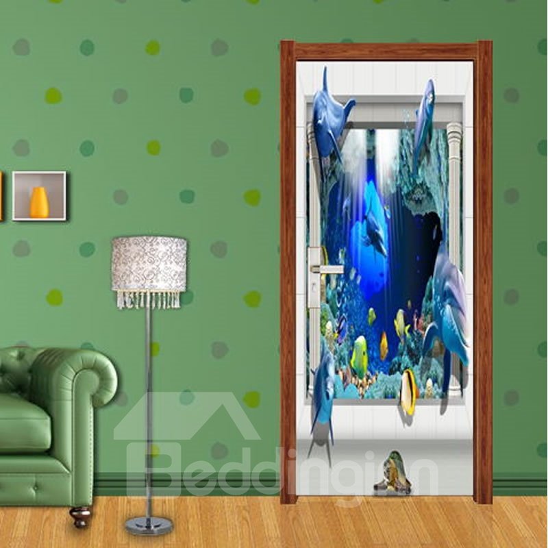 Mural de puerta 3D autoadhesivo impermeable ambiental de PVC con delfines de peces de 30 × 79 pulgadas