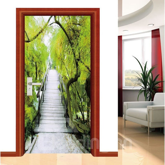 30¡Á79in Wooden Bridge Trees PVC Environmental Waterproof Self-Adhesive 3D Door Mural