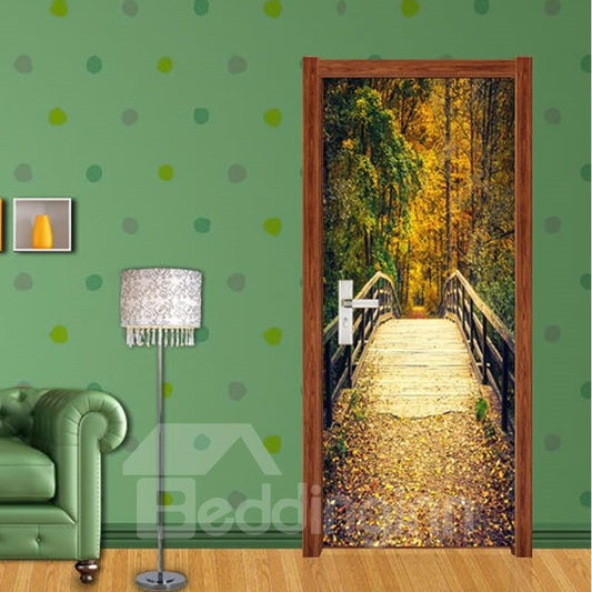 30¡Á79in Wooden Bridge in Forest PVC Environmental and Waterproof 3D Door Mural