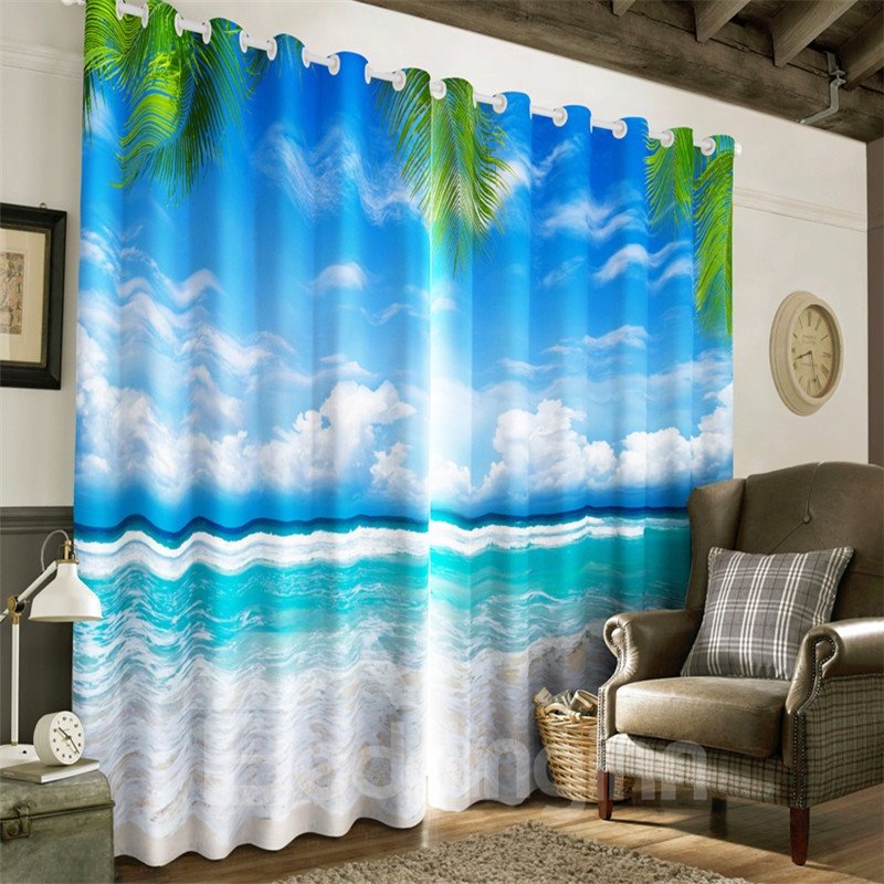 3D Waving Seas and Blue Sky with White Clouds Printed 2 Pieces Heat Insulation Drapes