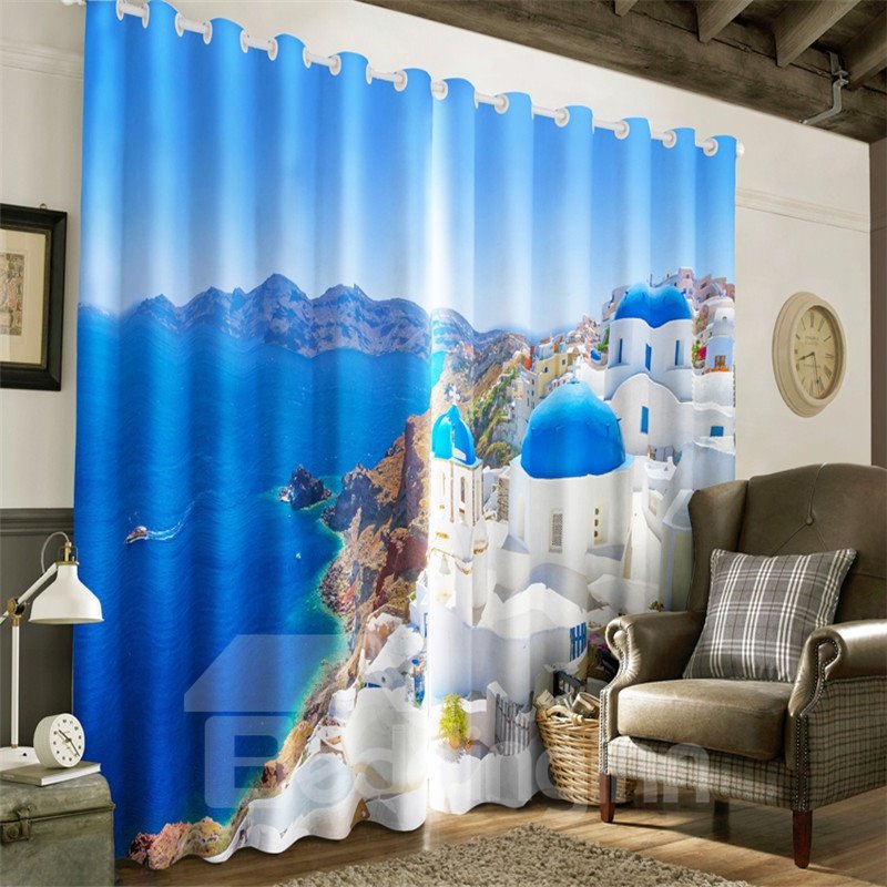 Beautiful Coastline City with Navy Blue Sea Printed Living Room and Study Room Blackout Curtain