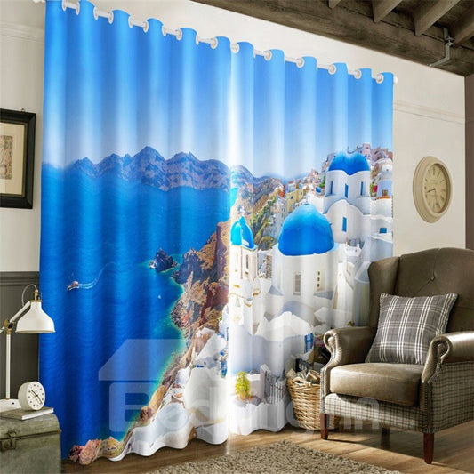 Beautiful Coastline City with Navy Blue Sea Printed Living Room and Study Room Blackout Curtain