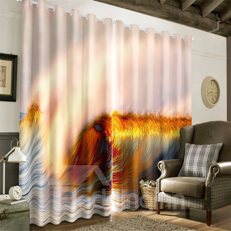 3D Abstract Waves Printed Thick Polyester 2 Panels Decorative and Heat Insulation Curtain