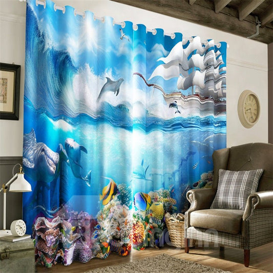 3D Blue Seas Golden Fish Turtle and Dolphins Printed Wonderful Undersea World Blackout Curtain