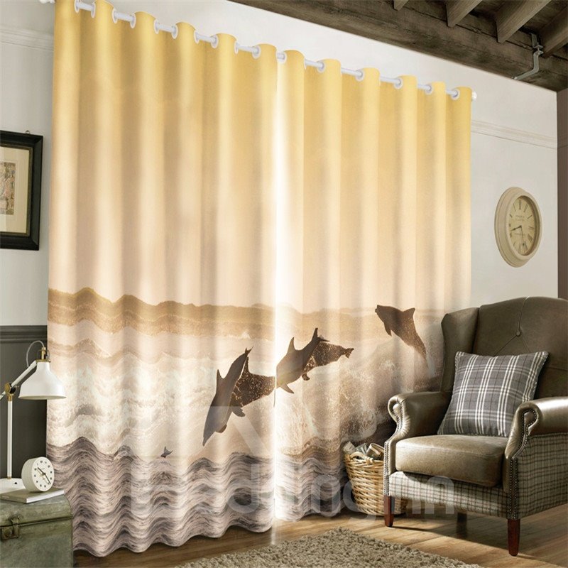 3D Jumping Dolphins and Huge Waves Printed 2 Panels Decorative and Blackout Curtain