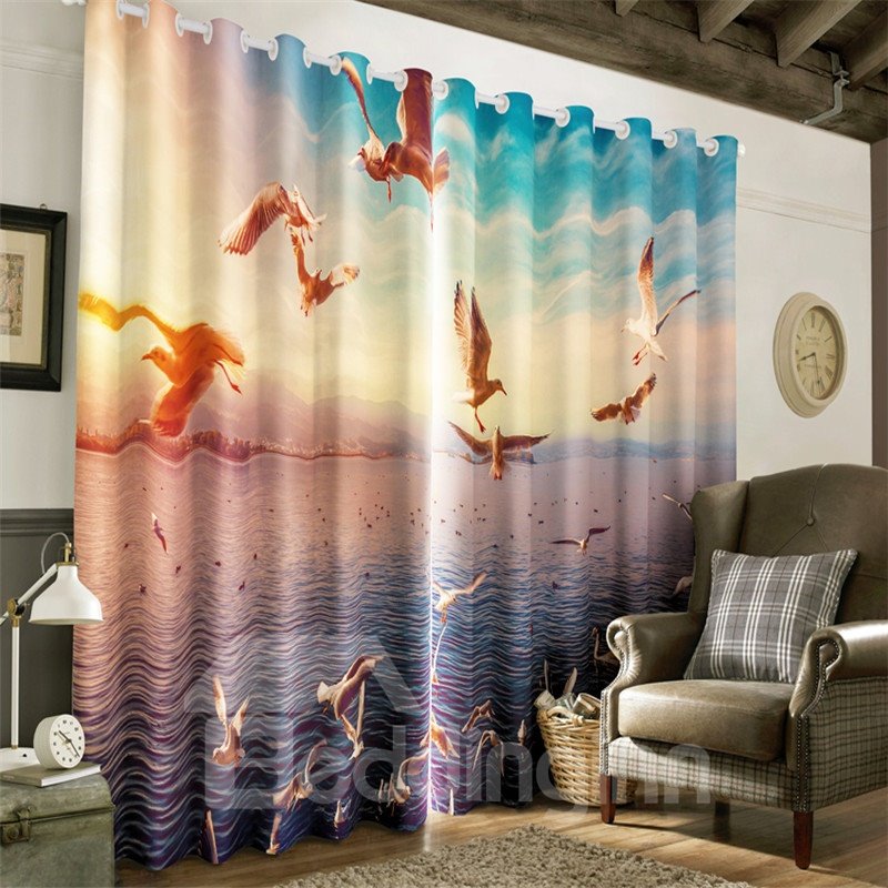 3D Flying Seagulls and Waving Seas Printed 2 Panels Living Room and Bedroom Grommet Top
