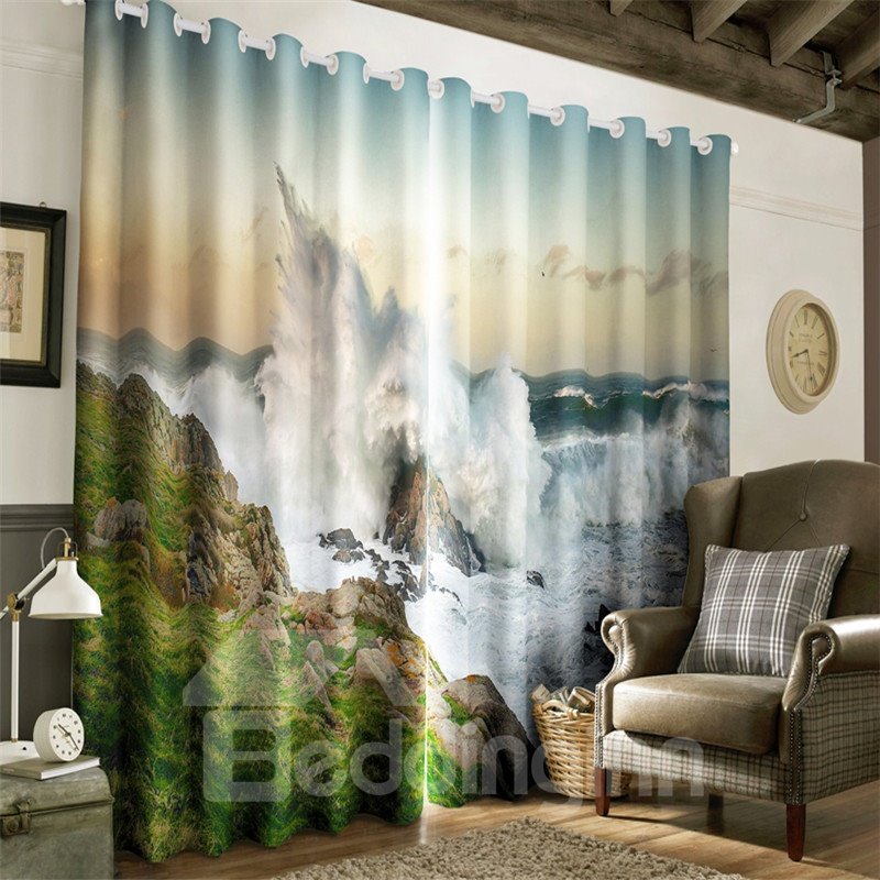 3D Surging Waves and and Green Mountains Natural Power Printed Grommet Top Curtain