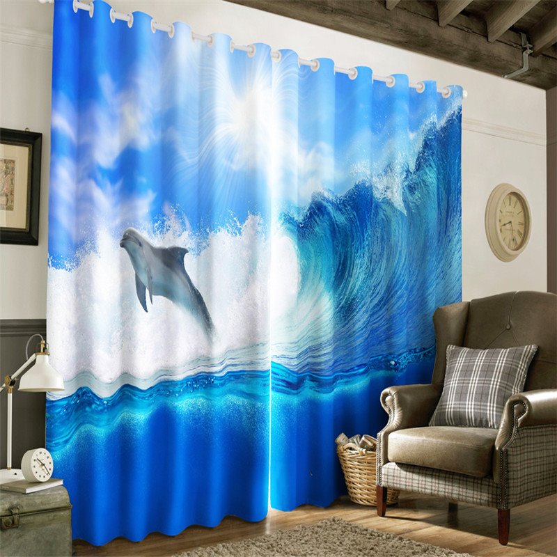Cortina de ventana decorativa y aislante térmica con estampado de delfines bailando en 3D y mares picados