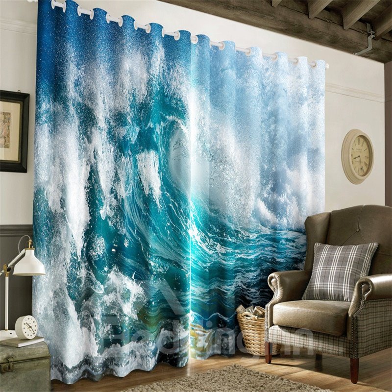 3D Huge Waves Limpid Seas Printed 2 Panels Decorative and Heat Insulation Living Room Curtain