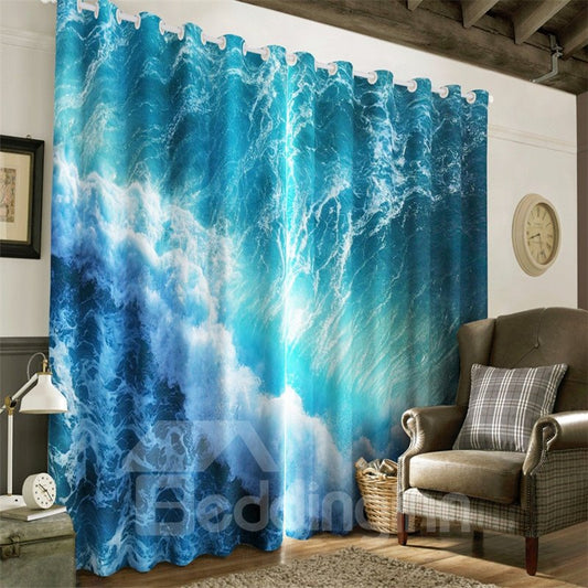 Cortina de salón y dormitorio de belleza natural impresa con mares azules y olas onduladas en 3D