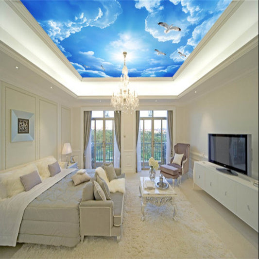 Palomas 3D volando en el cielo azul Murales de techo autoadhesivos resistentes al agua y respetuosos con el medio ambiente