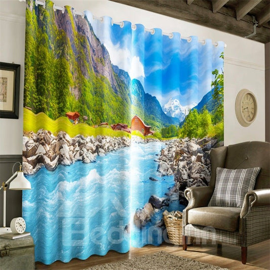 3D High Mountains and Limpid Water Printed Room Darken Thermal Insulated 2 Panels Curtain