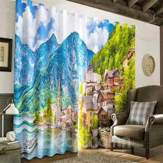 3D Small Villages and Limpid Lake and High Mountains Printed Room Darkening Thermal Insulated Curtain