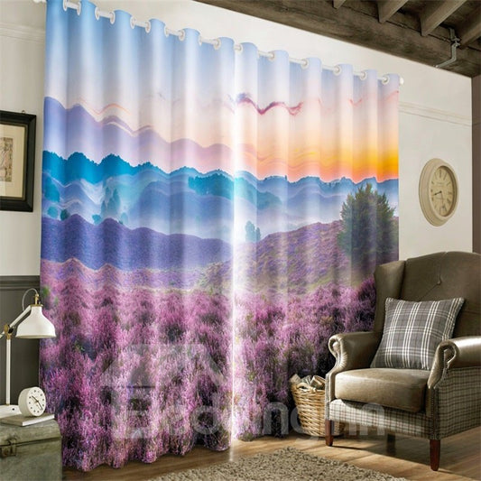 3D Fields of Purple Lavenders Printed Romantic and Pastoral Style 2 Pieces Curtain