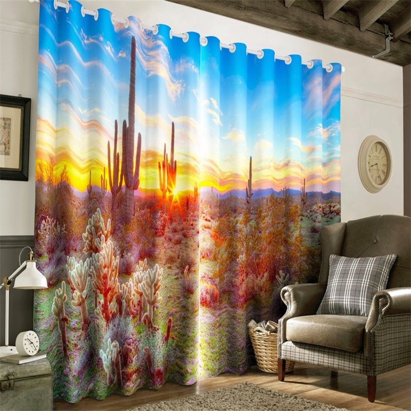 3D Fields of Cactus and Bright Sunlight Printed 2 Panels Living Room and Bedroom Curtain