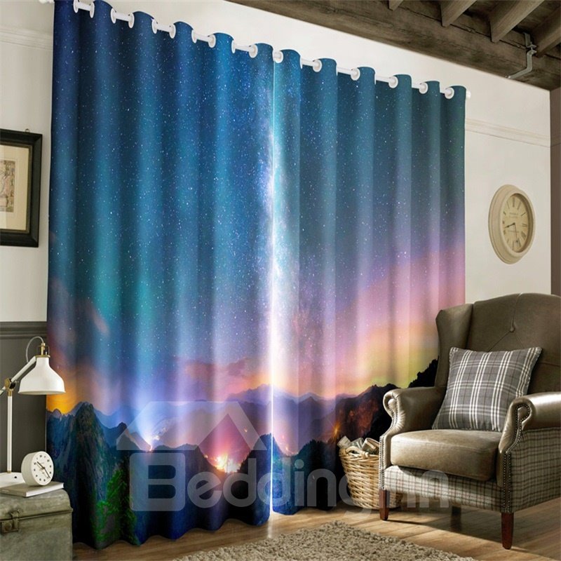 3D Rolling Mountains in the Night Sky Printed Decorative and Blackout Living Room Curtain