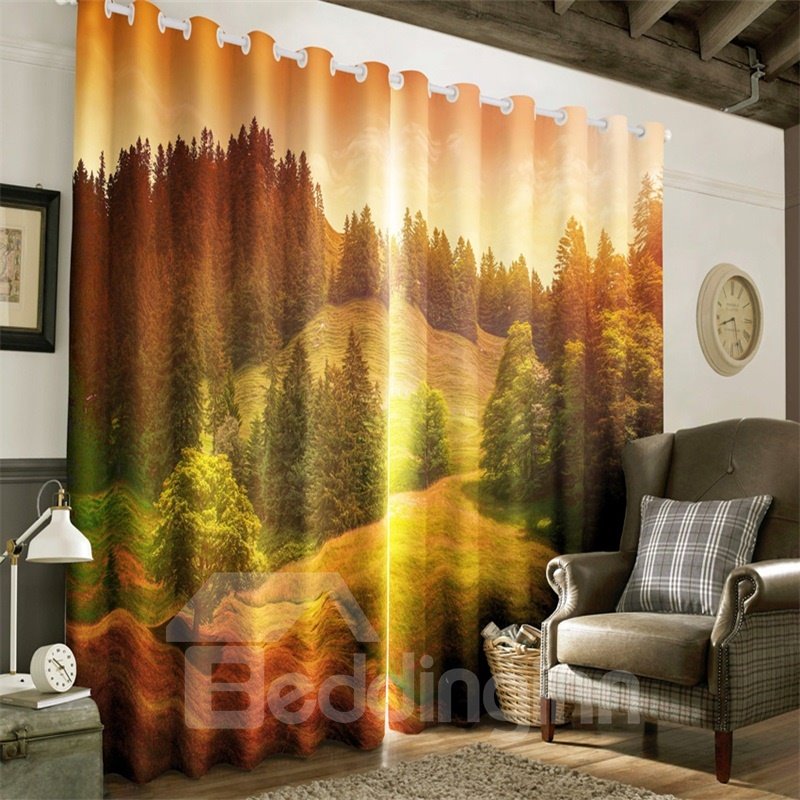 3D Soft Sunlight and Fresh Green Hillside Printed Natural Beauty Two Panels Grommet Top Curtain