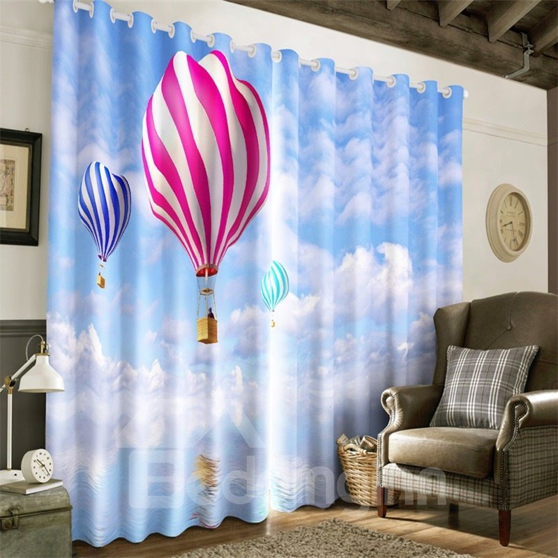 3D Blue Sky and White Clouds and Parachutes Printed Modern Style Grommet Top Curtain