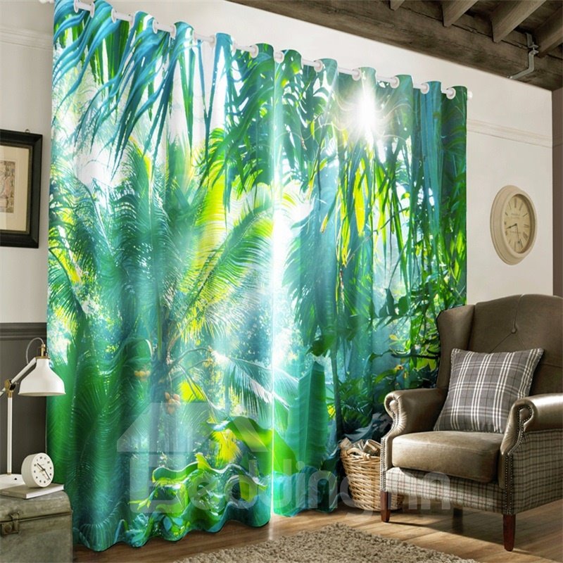 3D-Vorhang mit hellem Sonnenlicht und Wegerichblättern, bedruckt mit Morgenlandschaft, 2 Bahnen, dekorativer Vorhang