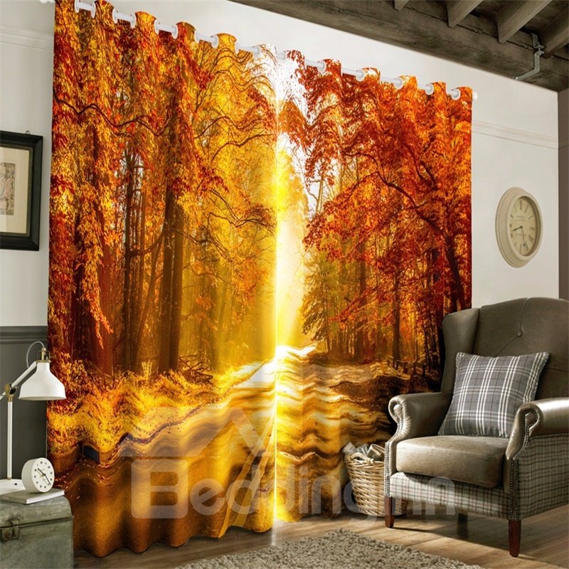 3D Red Trees Forest and Small Road with Soft Sunlight Printed Decorative and Blackout Curtain