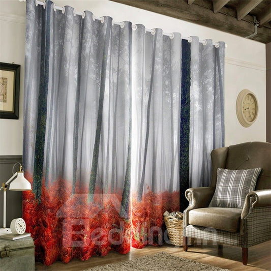 3D Misty Forest and Red Leaves Printed 2 Panels Decorative and Heat Insulation Bedroom Curtain