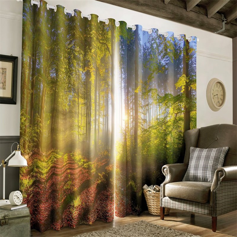Cortina opaca y decorativa con 2 paneles de paisaje matutino impreso con luz solar suave y árboles verdes en 3D