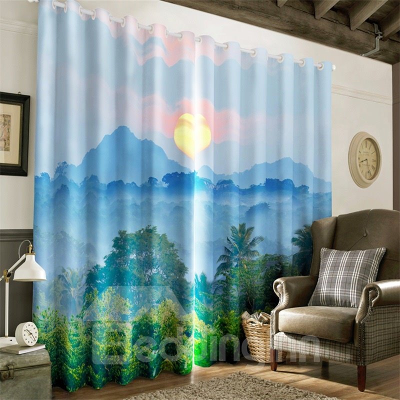 3D Rolling Mountains and Green Plants Printed 2 Panels Decorative and Blackout Curtain
