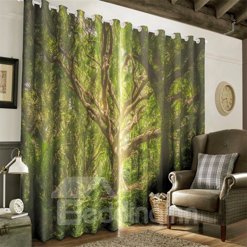 3D Old Trees in Thick Forest Printed Summer Scenery 2 Panels Custom Window Drape