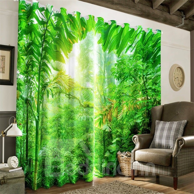 Cortina 3D decorativa personalizada con 2 paneles impresos con árboles frondosos y luz solar intensa