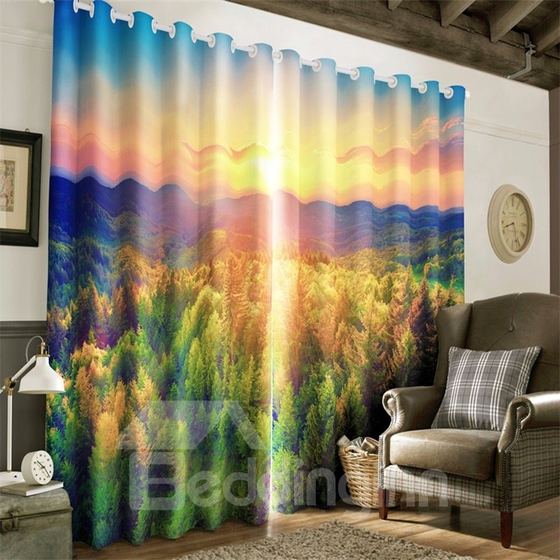 3D-Vorhang mit goldenem Sonnenaufgang und dichtem Wald, bedruckt, 2 Bahnen, dekorativer, individueller Vorhang