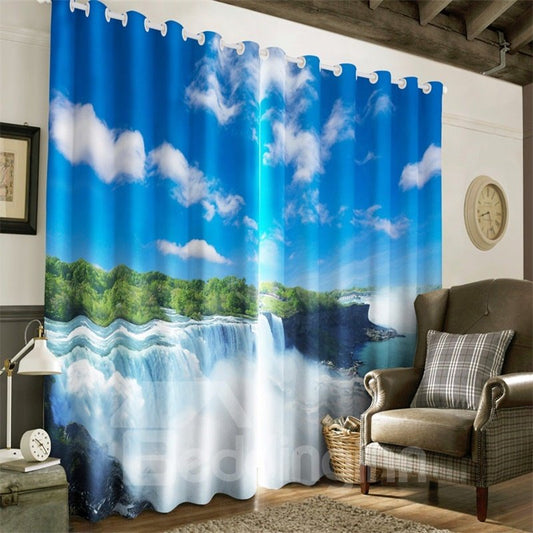 3D Blue Sky with White Clouds and Running Waterfalls Printed 2 Panels Blackout Curtain